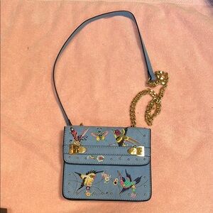 Embroidered Blue Crossbody Bag with Gold Chain